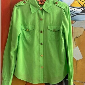 Tory Burch Green Cotton Button-Down Blouse Gold Logo Buttons Designer Shirt Sz 4